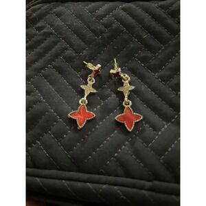 Red Clover Dangle Earrings Gold Tone Four Leaf Fashion‎ Jewelry